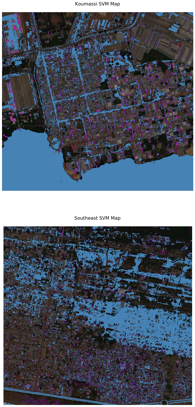 support vector machine maps of koumassi (top) and southeast (bottom) showing classifications of building shadow and water.