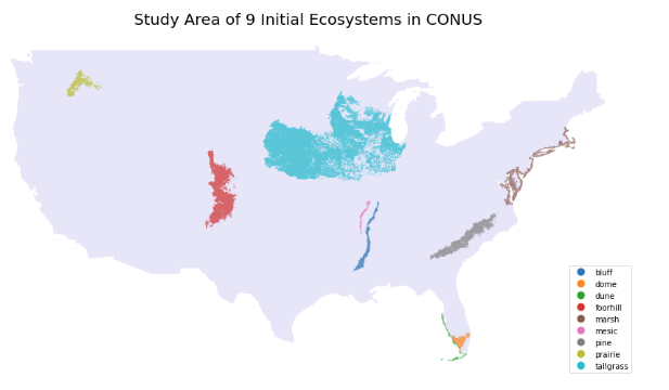 Study Area of 9 Initial Ecosystems in CONUS