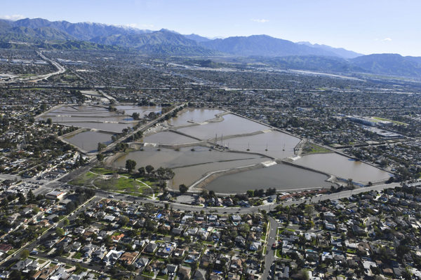 Pacoima Spreading Grounds in Los Angeles, CA after heavy rainfall