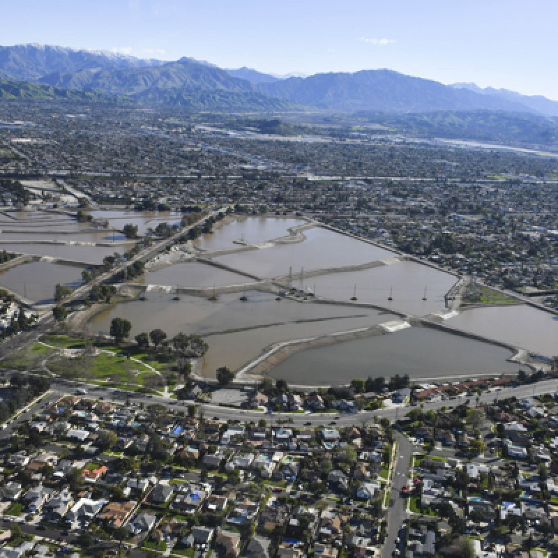 Pacoima Spreading Grounds in Los Angeles, CA after heavy rainfall